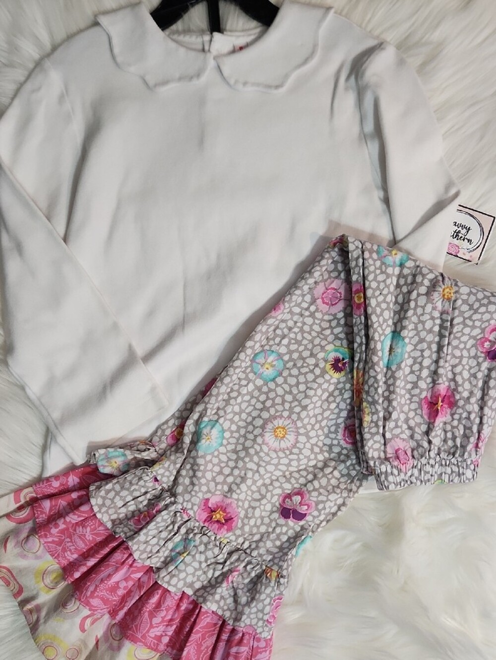 White Peter Pan Collar Top with Floral Ruffle Pants Set - Girls Size: 6-8